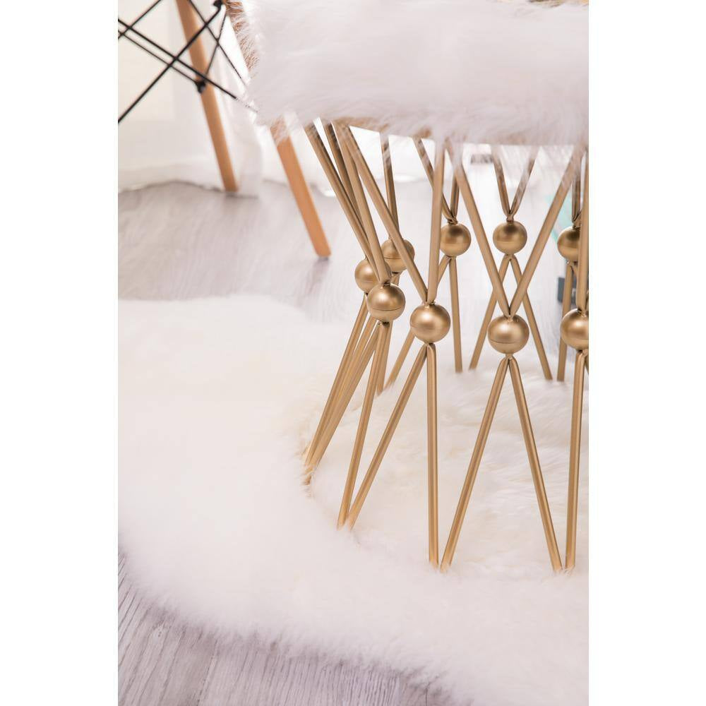 Round Gold Metal Accent Vanity Stool with White Fur Top Seat, Decorative Side Table