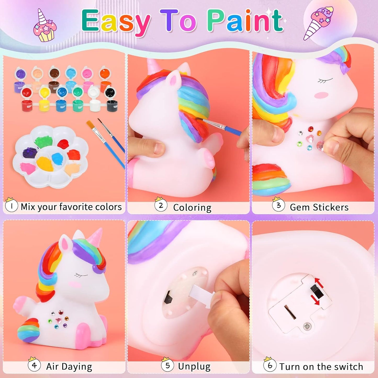 Paint Your Own Unicorn Night Light Art Kit, Arts and Crafts for Kids Ages 4-8,Unicorns Gifts for Girls Painting Kit Unicorn Toys for Kids 4 5 6 7 8 9 10 11 12+ (1Pc)