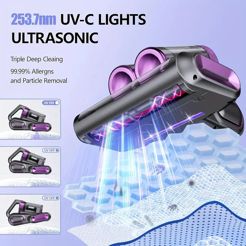 18 kPa Mattress & Upholstery Vacuum Cleaner – Handheld Double-Cup Vacuum with UVC, Hot Air Sterilization & High-Heat Drying