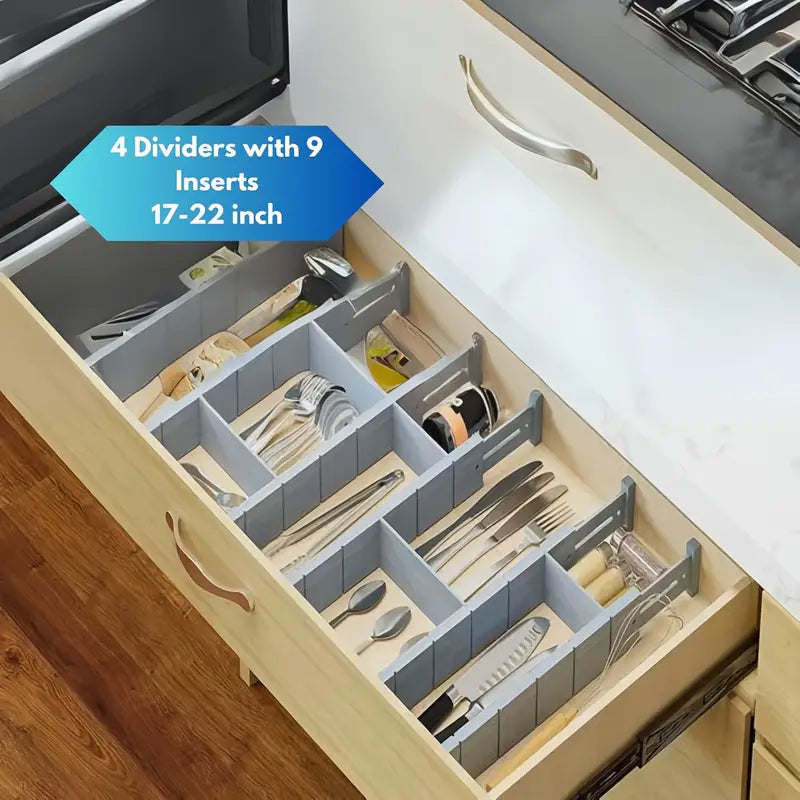 Adjustable Wooden Drawer Organizer Tray – 4 Dividers & 9 Inserts for 17–22" Drawers, Unfinished Finish with Labels – Kitchen, Office & Closet Organization