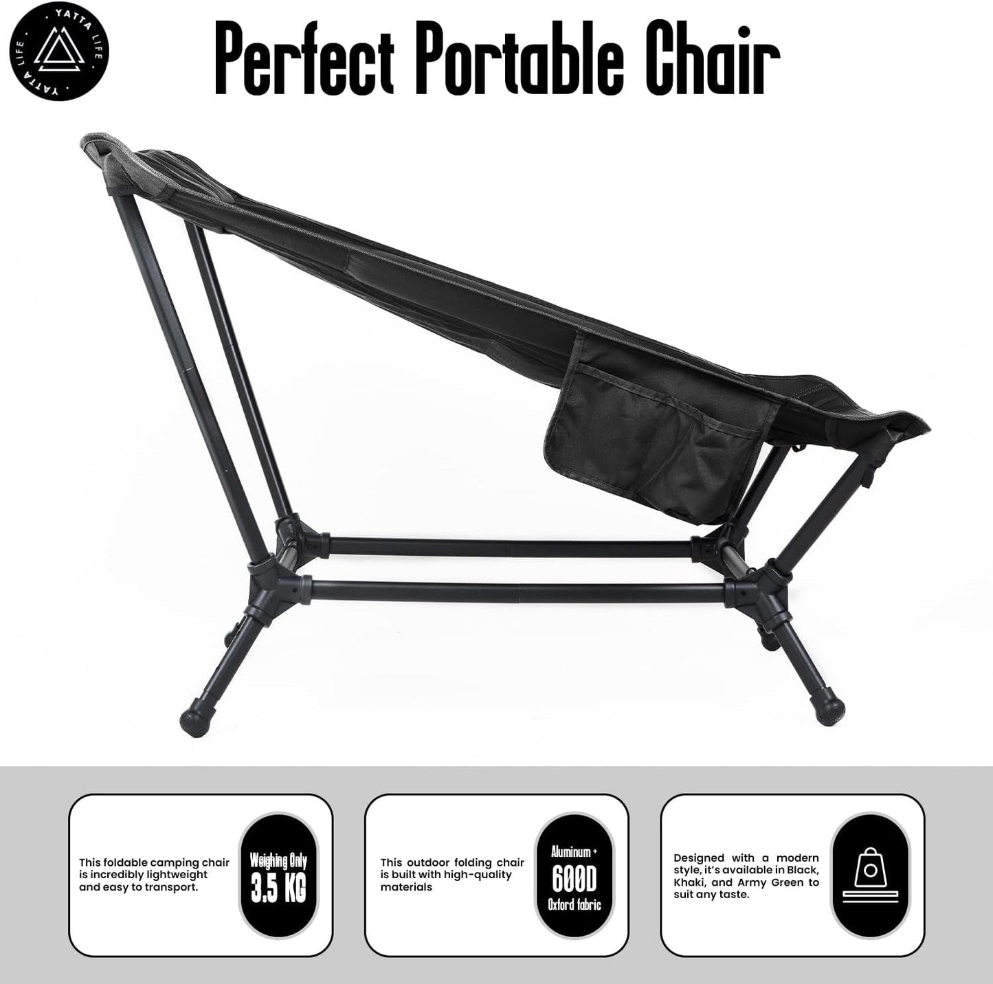 Low Back Folding Camping Chairs for Adults with Storage Pouches & Carrying Case - Foldable Lawn Chairs, Beach Chair, Fishing Chair, Portable Lightweight Outdoor Chair. (Black)