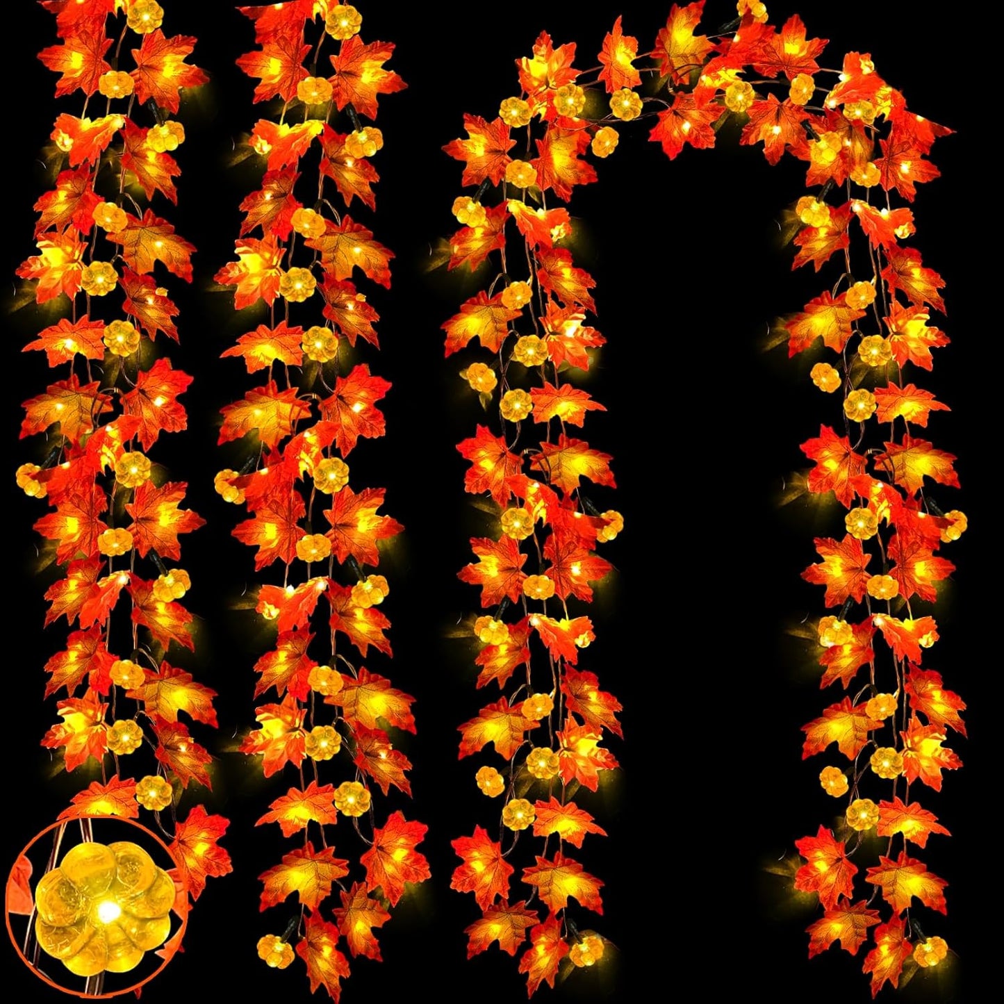 3 Pack&Timer-Fall Garland with Pumpkin Lights Halloween Fall Decorations for Home,30Ft 60LED Halloween Lights Patented Enlarged Maples Leaf Battery Operated Thanksgiving Decor Indoor Outdoor Christmas