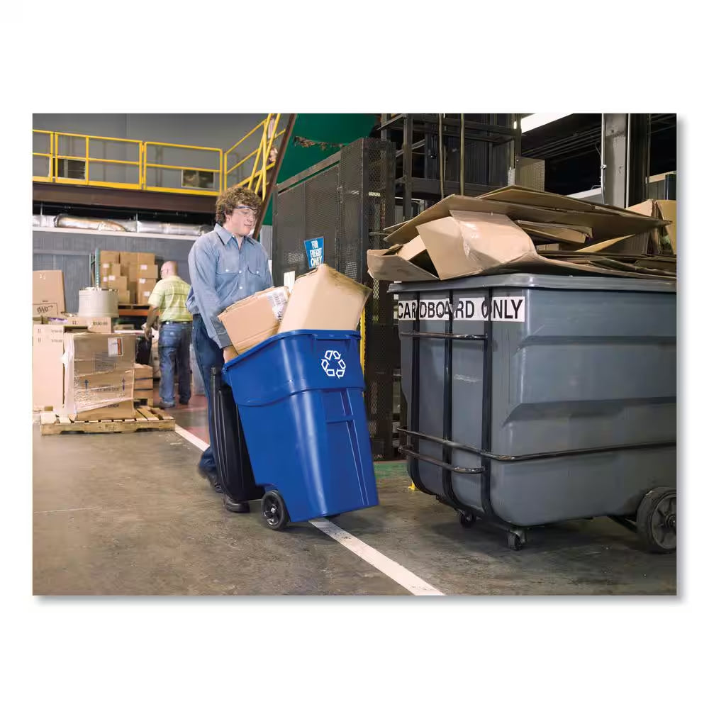 BRUTE 50 Gal. Blue Rollout Plastic Outdoor Recycling Trash Can with Lid for Restaurants/Offices/Commercial Environments