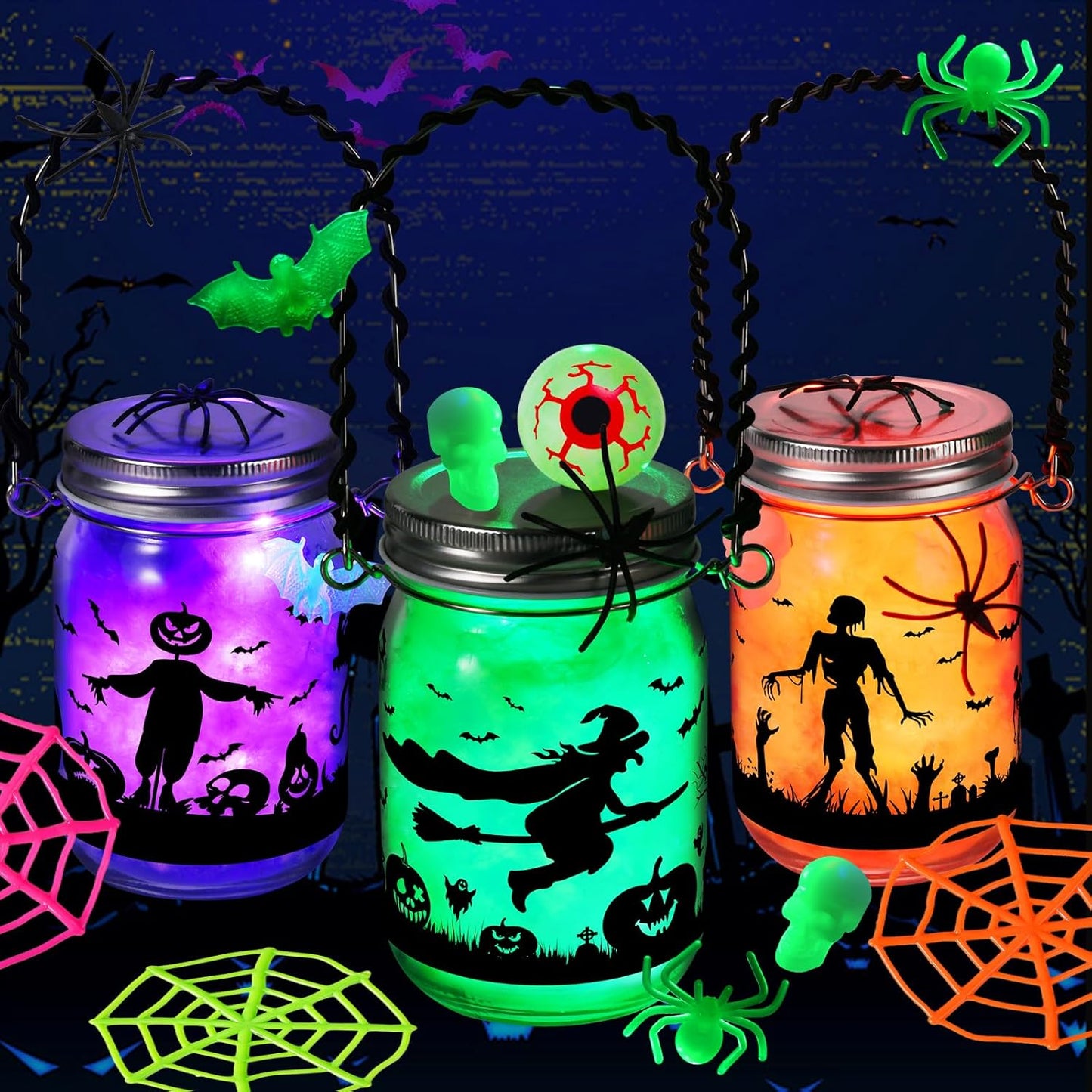 Halloween Crafts for Kids, 3 Pack Glass Mason Jar with Accessories, Halloween Toys Party Favor Garden Creative Activities Decoration Art Project