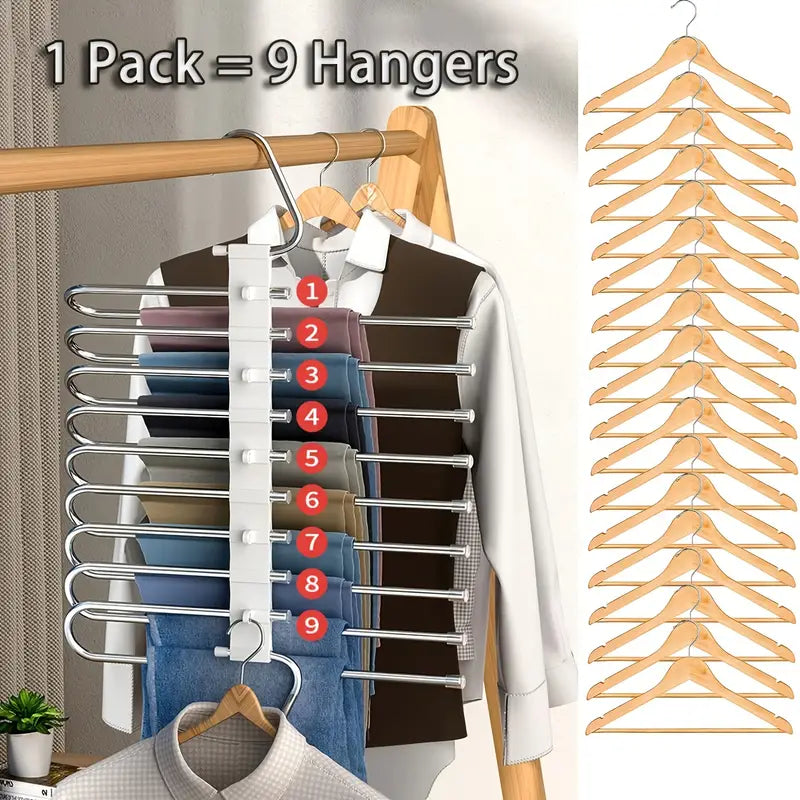 Collapsible 9-Layer Pants Hanger – Space-Saving Stainless Steel Multifunctional Closet Organizer, Non-Slip Metal Hangers for Pants, Jeans, Skirts & Trousers