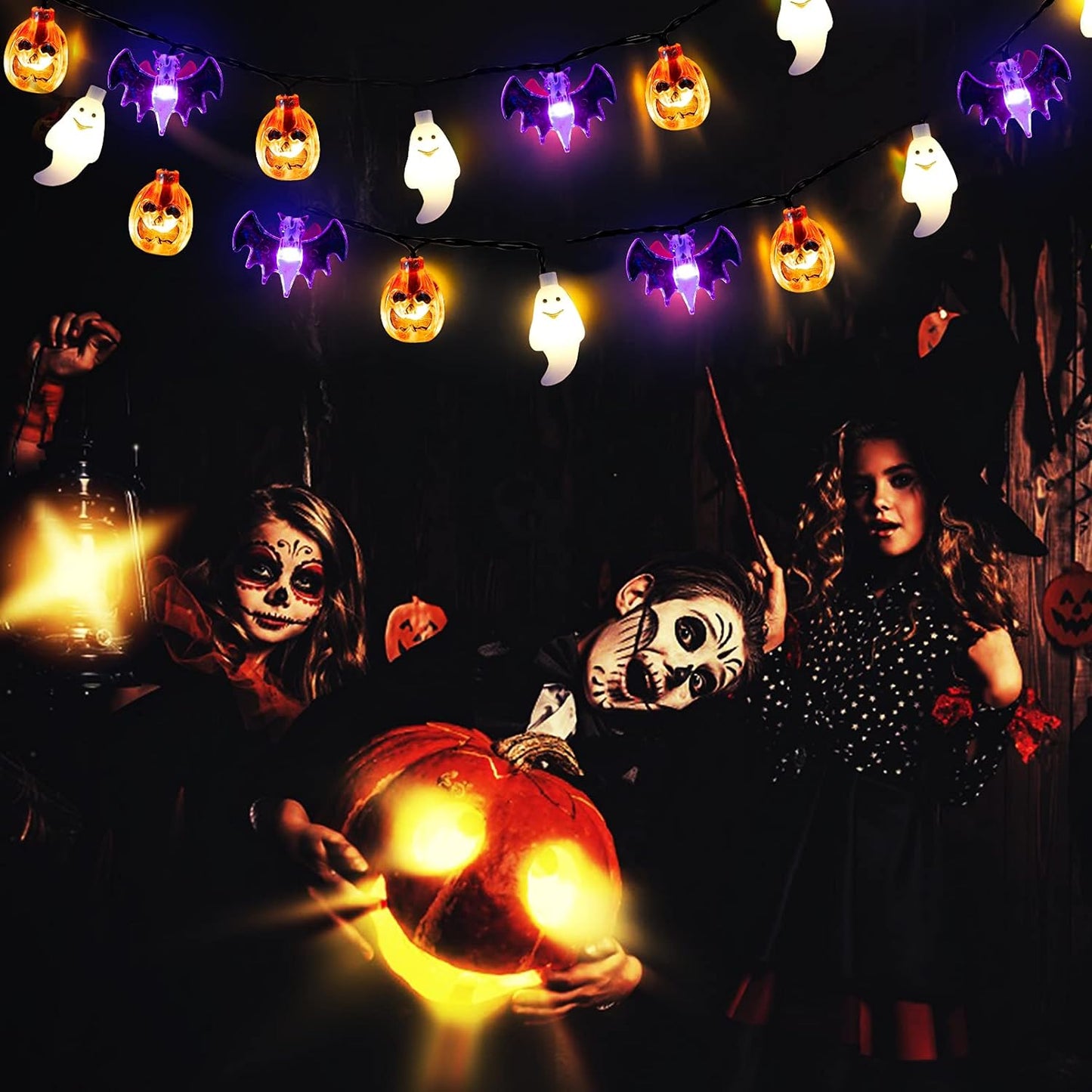 Halloween Lights, 20Ft 30 LED Pumpkin Ghost Bat String Lights Battery Operated with Timer, 8 Light Modes Halloween Fairy Lights for Indoor Outdoor Party Home Yard Window Decor