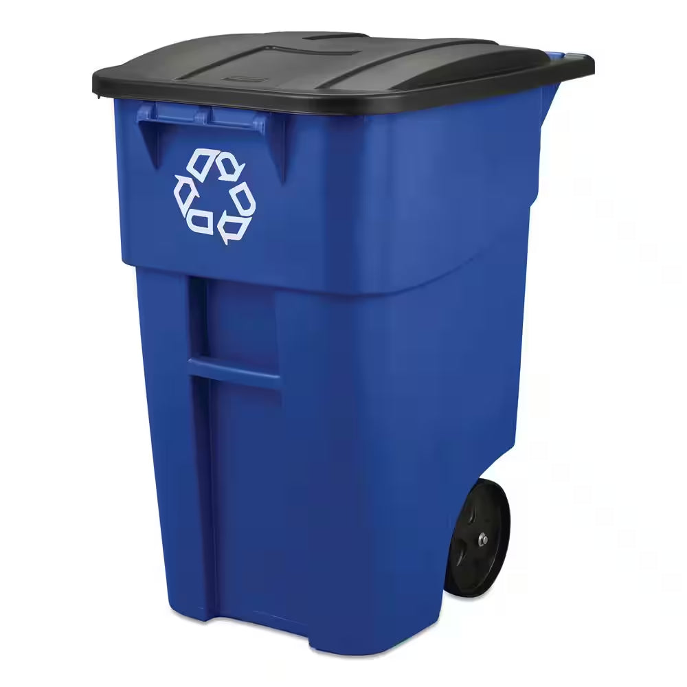 BRUTE 50 Gal. Blue Rollout Plastic Outdoor Recycling Trash Can with Lid for Restaurants/Offices/Commercial Environments
