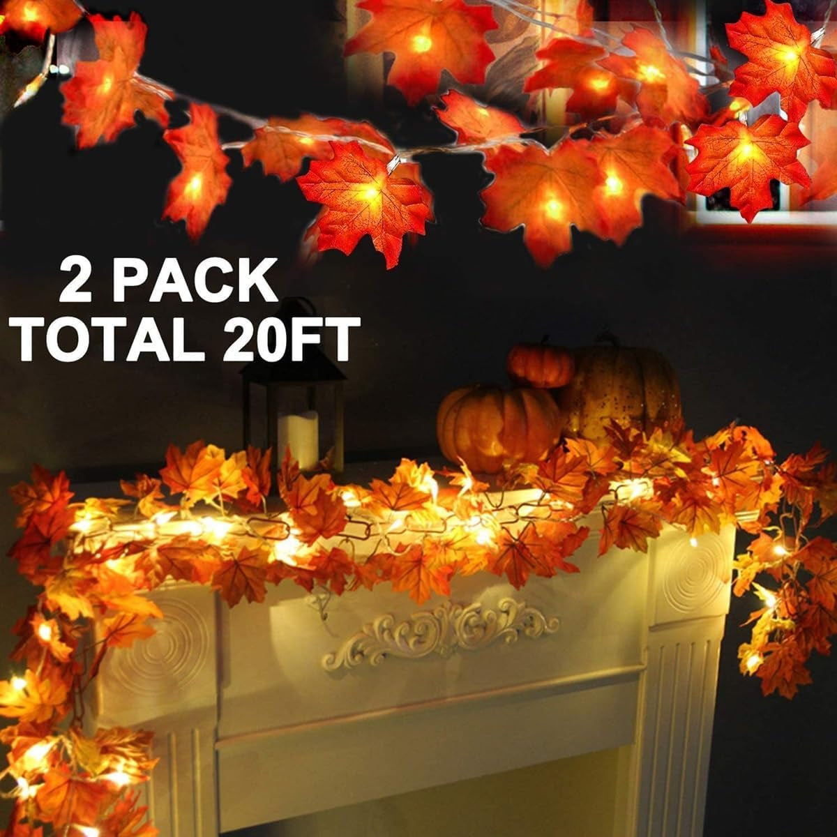 2 Pack Fall Decor Enlarged Maples Leafed Lights Total 20Ft 40LED Thanksgiving Halloween Fall Decorations for Home,Battery Operated Autumn Garland Waterproof Indoor Outdoor Holiday Christmas