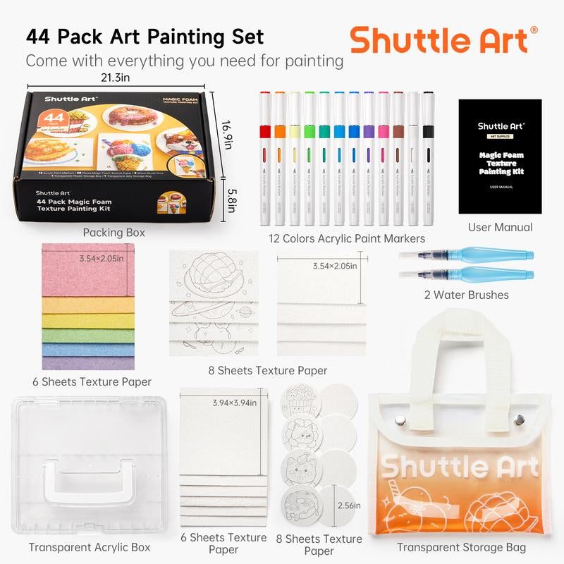 44 Pcs Magic Foam Texture Painting Kit, Including 28 Pcs Foam Texture Paper, 12 Colors Brush Tip Automatic Ink Control Acrylic Paint Markers, Magical 3D Effect Painting Kit for DIY Arts,Toys, Toy Crafts Gift