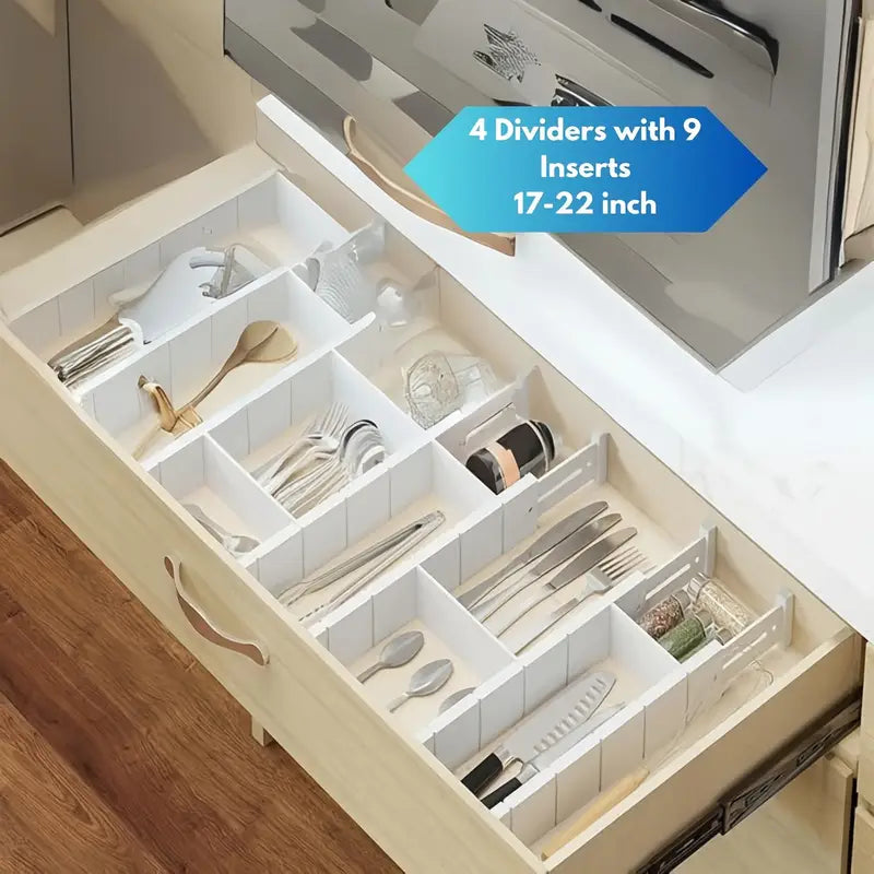Adjustable Wooden Drawer Organizer Tray – 4 Dividers & 9 Inserts for 17–22" Drawers, Unfinished Finish with Labels – Kitchen, Office & Closet Organization