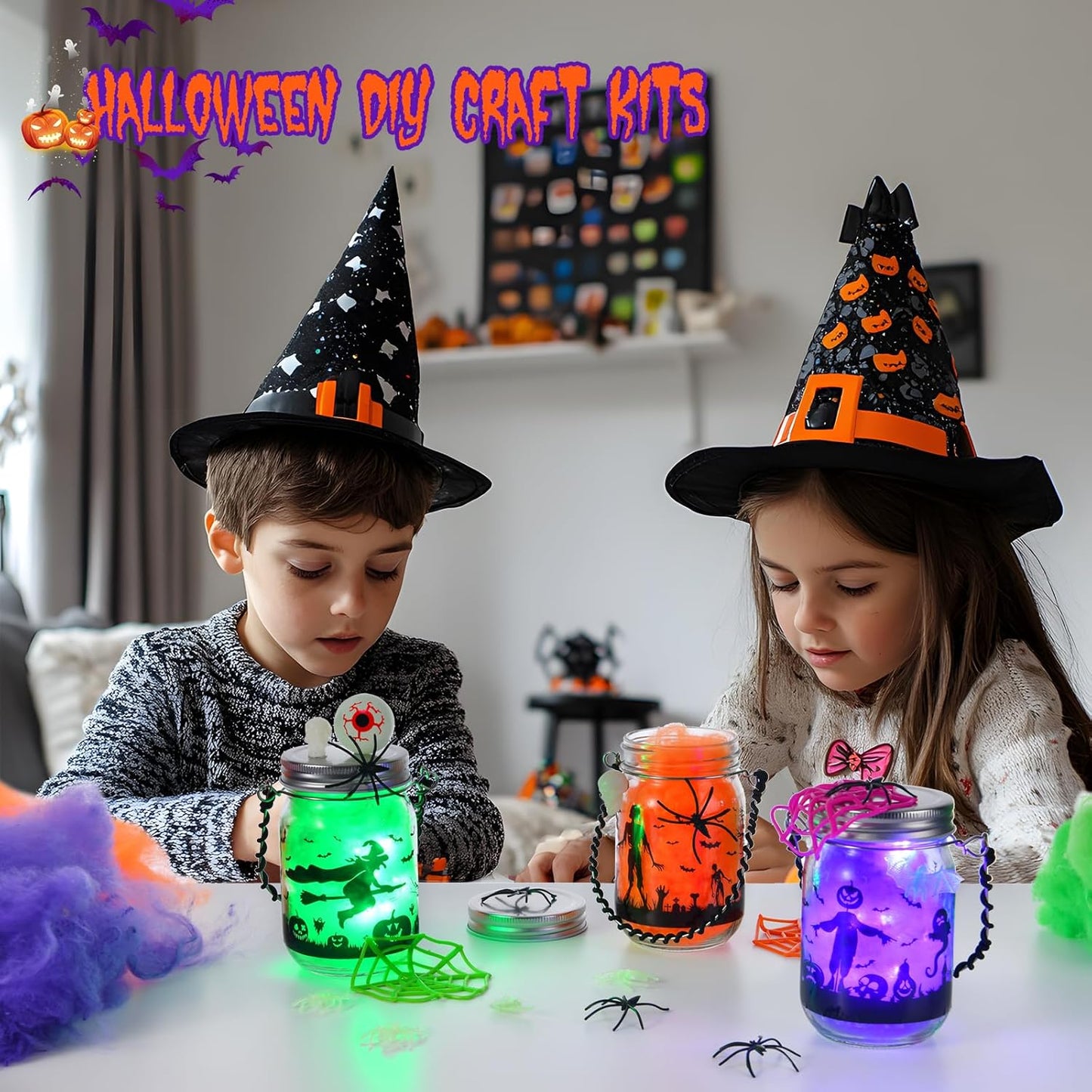 Halloween Crafts for Kids, 3 Pack Glass Mason Jar with Accessories, Halloween Toys Party Favor Garden Creative Activities Decoration Art Project