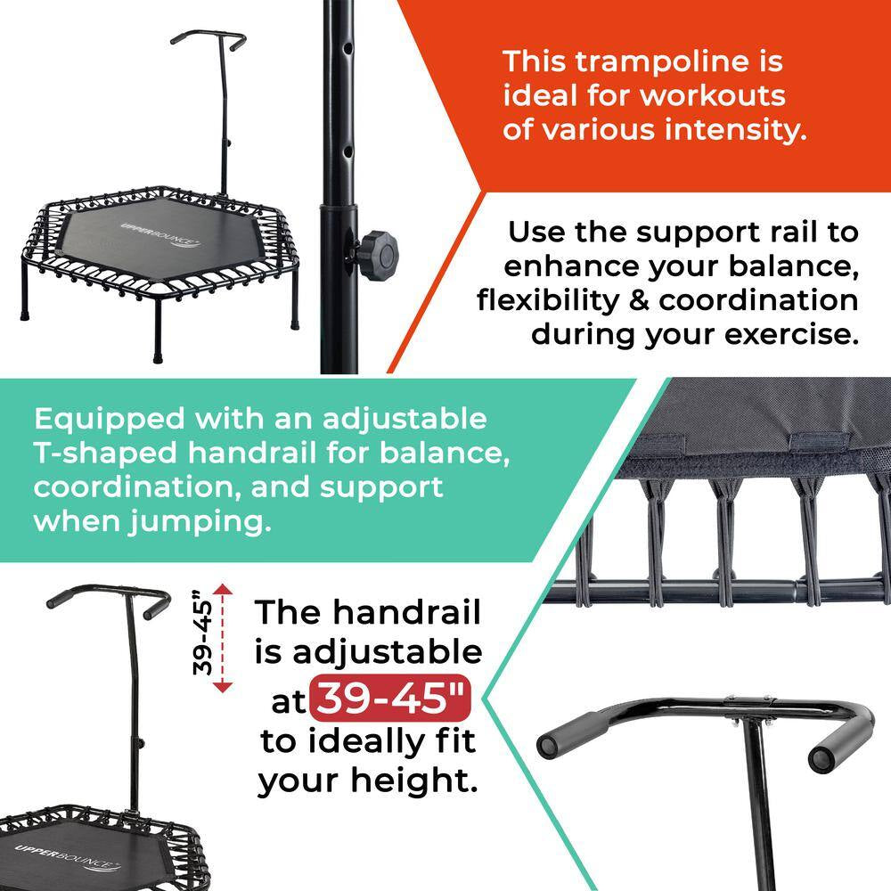 Machrus 40 In. Mini Trampoline with Adjustable Tshaped Handrail - Hexagonal Rebounder Fitness Trampoline