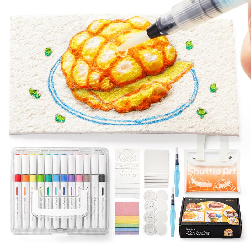 44 Pcs Magic Foam Texture Painting Kit, Including 28 Pcs Foam Texture Paper, 12 Colors Brush Tip Automatic Ink Control Acrylic Paint Markers, Magical 3D Effect Painting Kit for DIY Arts,Toys, Toy Crafts Gift