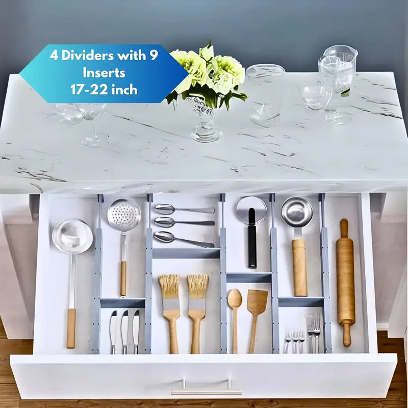 Adjustable Wooden Drawer Organizer Tray – 4 Dividers & 9 Inserts for 17–22" Drawers, Unfinished Finish with Labels – Kitchen, Office & Closet Organization