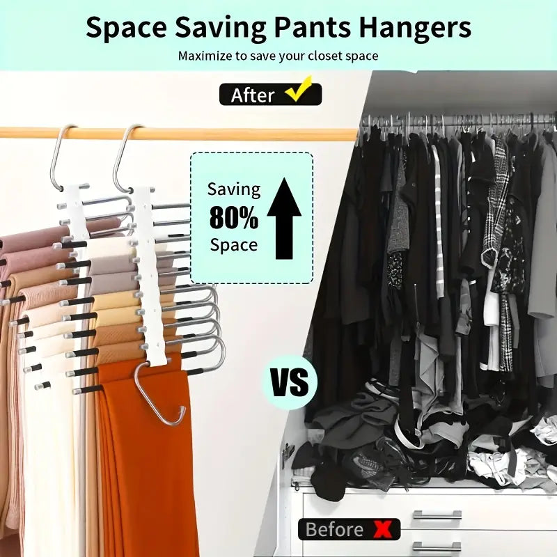Collapsible 9-Layer Pants Hanger – Space-Saving Stainless Steel Multifunctional Closet Organizer, Non-Slip Metal Hangers for Pants, Jeans, Skirts & Trousers