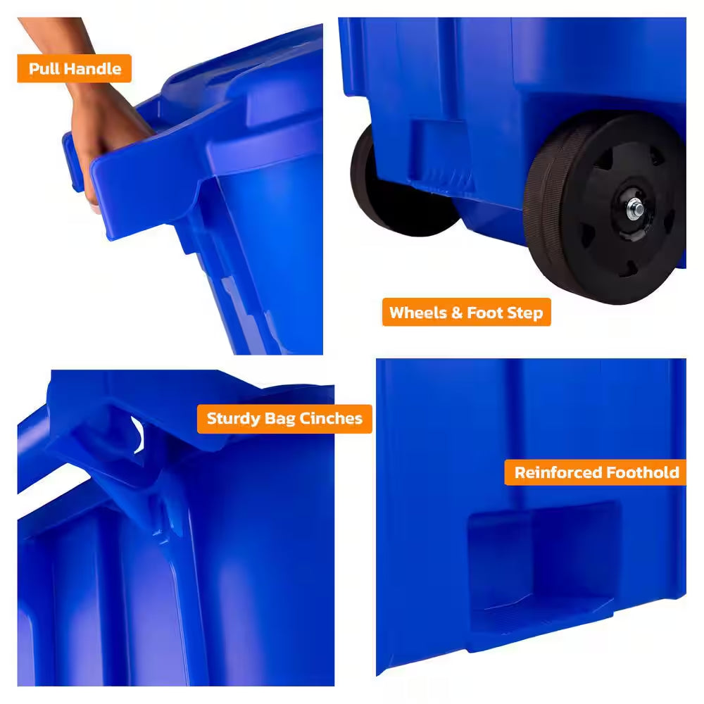45 Gal. Blue Outdoor Vented Recycling Trash Can with Wheels, Attached Lid, Rounded Handles, and Reinforced Foothold