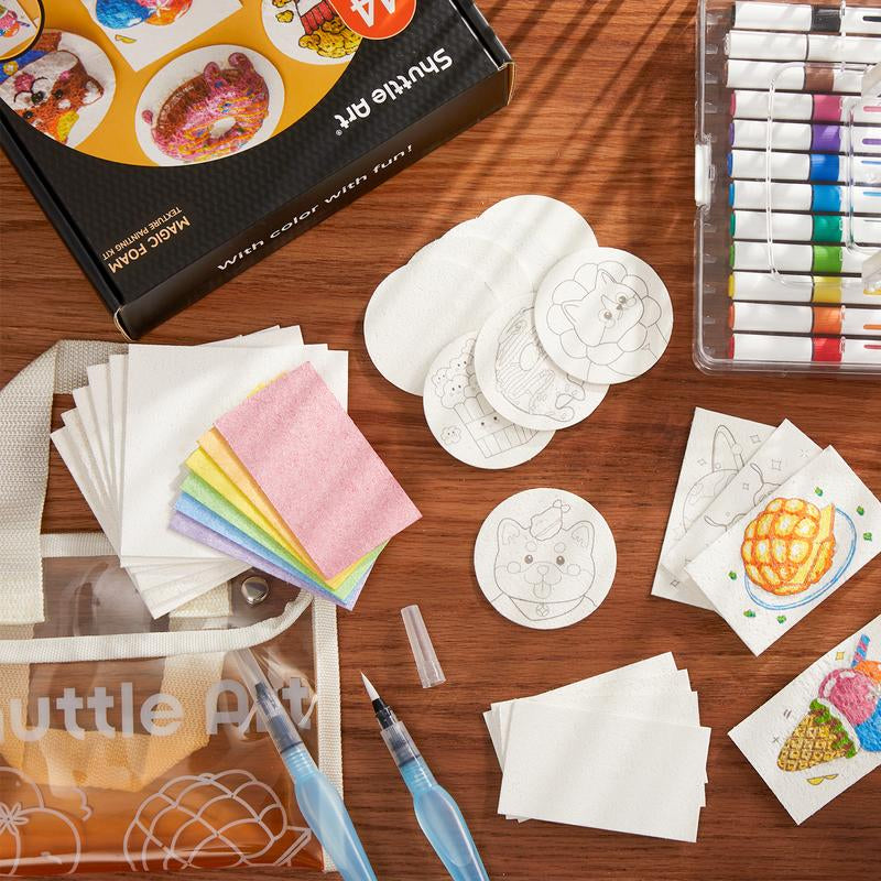 44 Pcs Magic Foam Texture Painting Kit, Including 28 Pcs Foam Texture Paper, 12 Colors Brush Tip Automatic Ink Control Acrylic Paint Markers, Magical 3D Effect Painting Kit for DIY Arts,Toys, Toy Crafts Gift