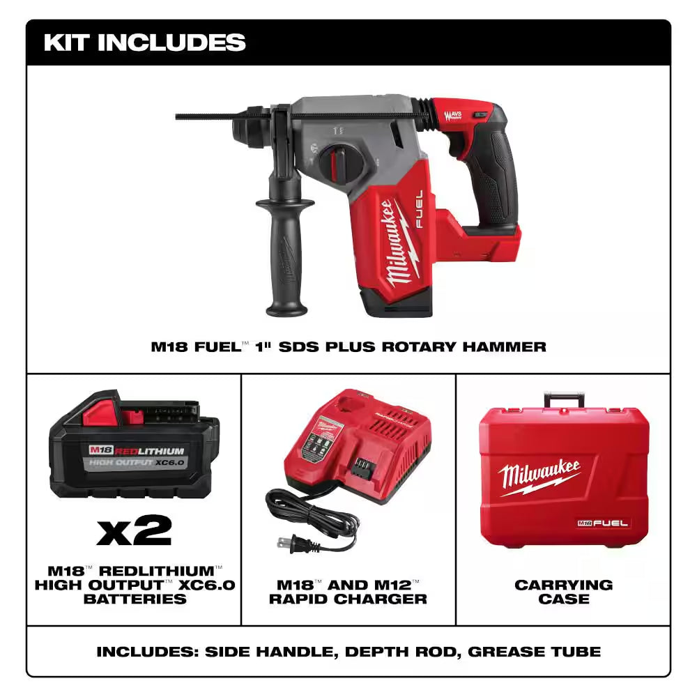 M18 FUEL 18V Lithium-Ion Brushless 1 In. Cordless Sds-Plus Rotary Hammer Kit with Two 6.0 Ah Batteries, Hard Case