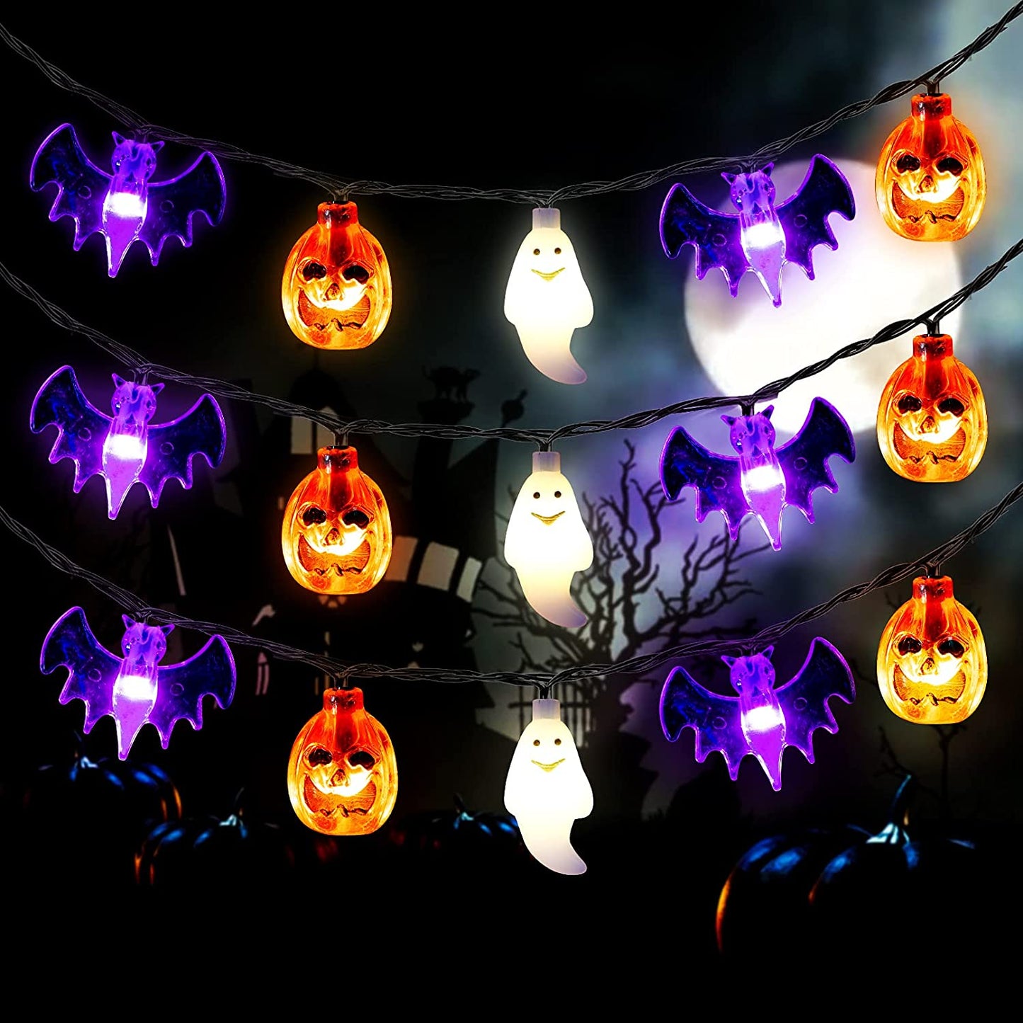 Halloween Lights, 20Ft 30 LED Pumpkin Ghost Bat String Lights Battery Operated with Timer, 8 Light Modes Halloween Fairy Lights for Indoor Outdoor Party Home Yard Window Decor