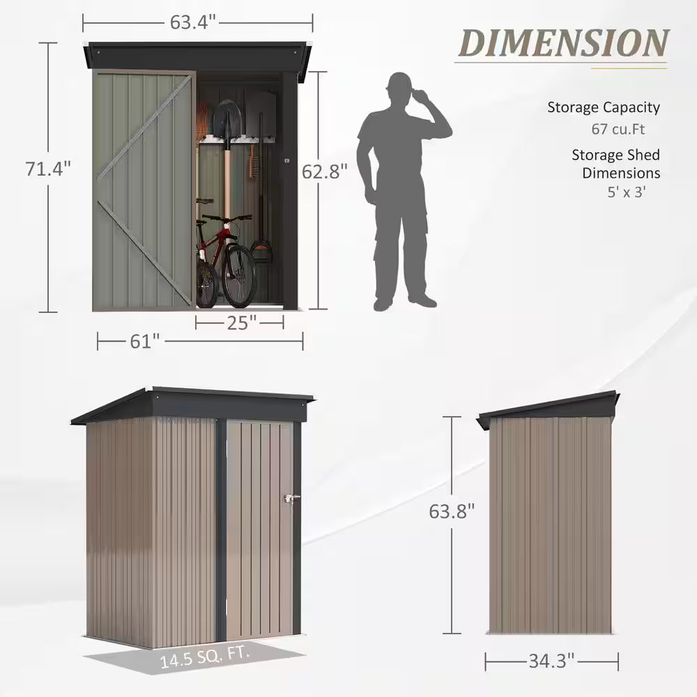 5 Ft. W X 3 Ft. D Outdoor Storage Metal Shed Lockable Metal Garden Shed for Backyard Outdoor (14.5 Sq. Ft.)