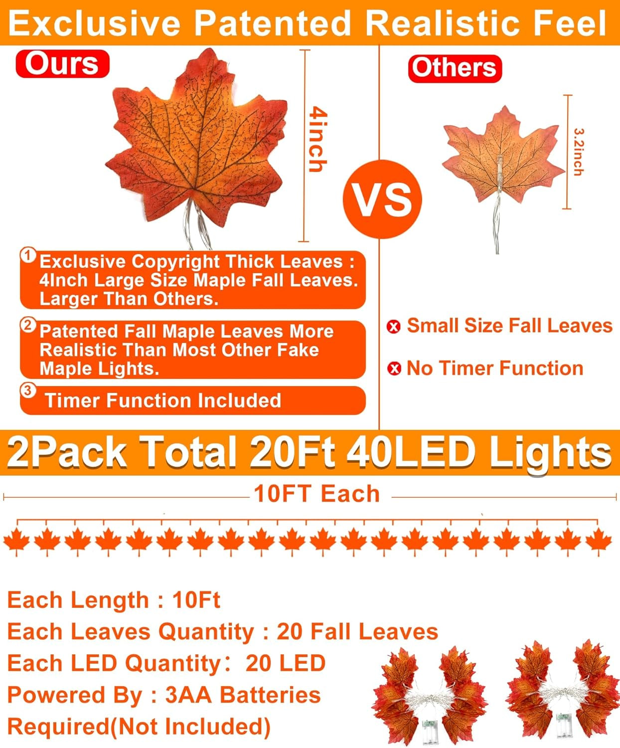 2 Pack Fall Decor Enlarged Maples Leafed Lights Total 20Ft 40LED Thanksgiving Halloween Fall Decorations for Home,Battery Operated Autumn Garland Waterproof Indoor Outdoor Holiday Christmas