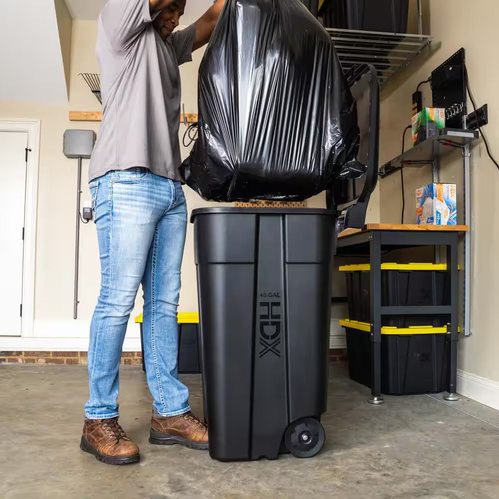 45 Gal. Black Outdoor Vented Trash Can with Wheels, Attached Lid