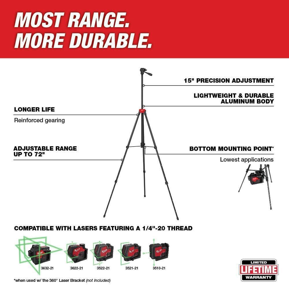 Milwaukee 48-35-1411 72-Inch Aluminum Tripod with 1/4" - 20" Pan-Tilt Head – Durable & Versatile