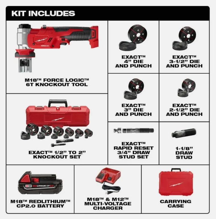 Milwaukee 2677-23 M18™ 18V 4-Inch 6-Ton FORCELOGIC™ Knockout Tool Kit – Professional Electrician Tool