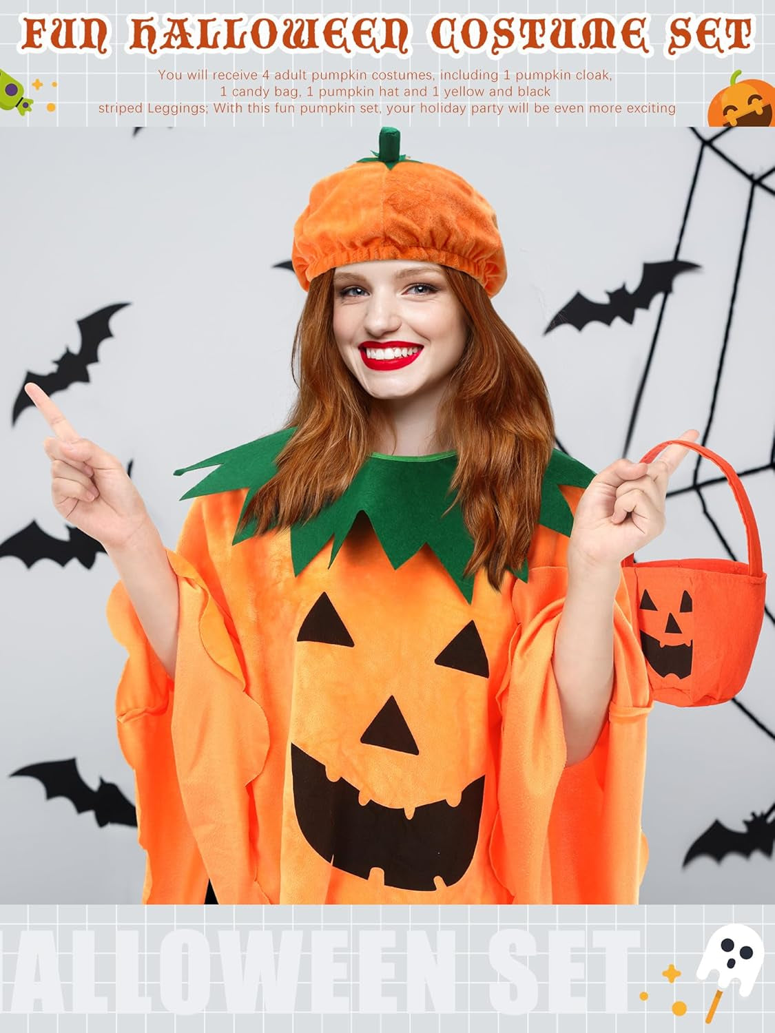 4 Pcs Halloween Adult Pumpkin Costume Set Pumpkin Cloak Poncho with Candy Bag Funny Hat Striped Tights for Women Party Cosplay Clothes Multicolor