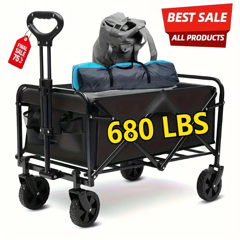Heavy-Duty All-Terrain Folding Cart — 220 / 450 / 680 lb Capacity | Large-Capacity Camper & Utility Wagon for Yard, Shopping, Sports & Gardening (Black)