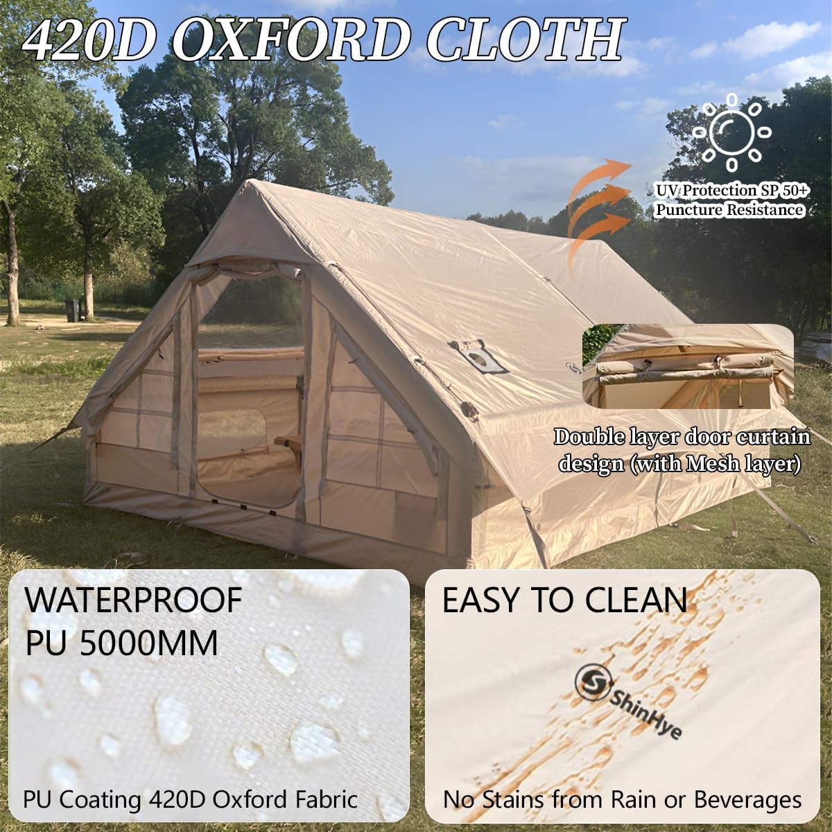 Inflatable Tent for Camping Large Blow up Tents Glamping 4-8 Person House 4 Season Air with Pump Easy Set up Waterproof Outdoor Oxford