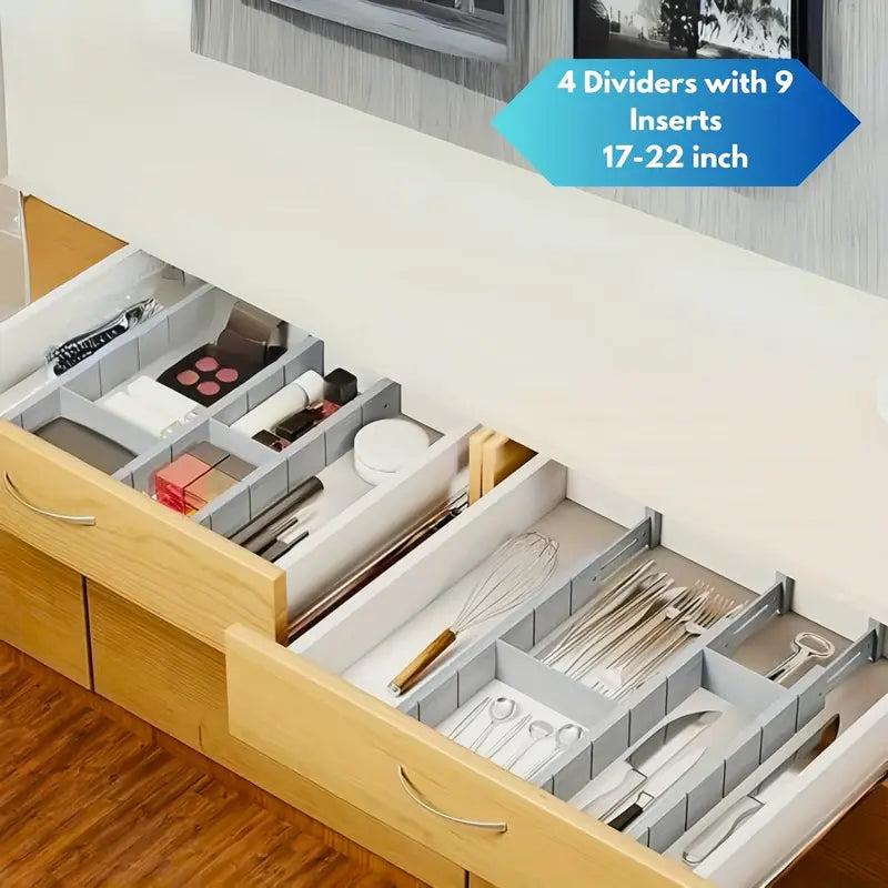 Adjustable Wooden Drawer Organizer Tray – 4 Dividers & 9 Inserts for 17–22" Drawers, Unfinished Finish with Labels – Kitchen, Office & Closet Organization