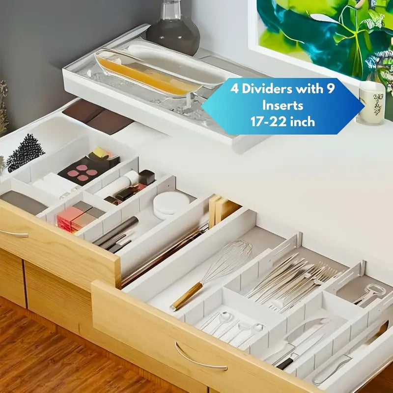 Adjustable Wooden Drawer Organizer Tray – 4 Dividers & 9 Inserts for 17–22" Drawers, Unfinished Finish with Labels – Kitchen, Office & Closet Organization