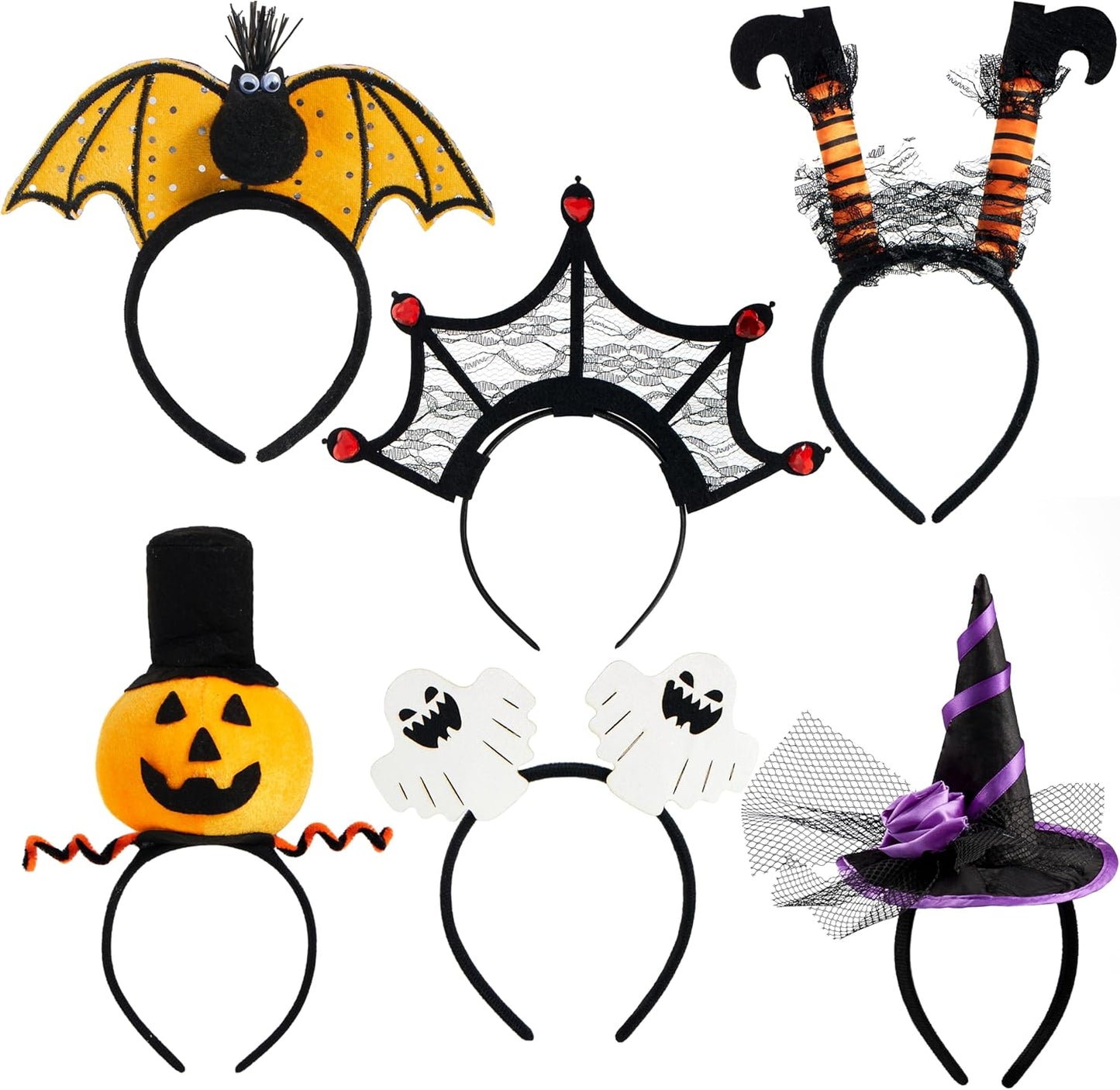 6 Pcs Halloween Headbands Pumpkin, Bat, Witch, Ghost, Witch Legs, Spider Web for Halloween Party, Costume, Trick or Treating, Cosplay Decoration (One Size Fit All)