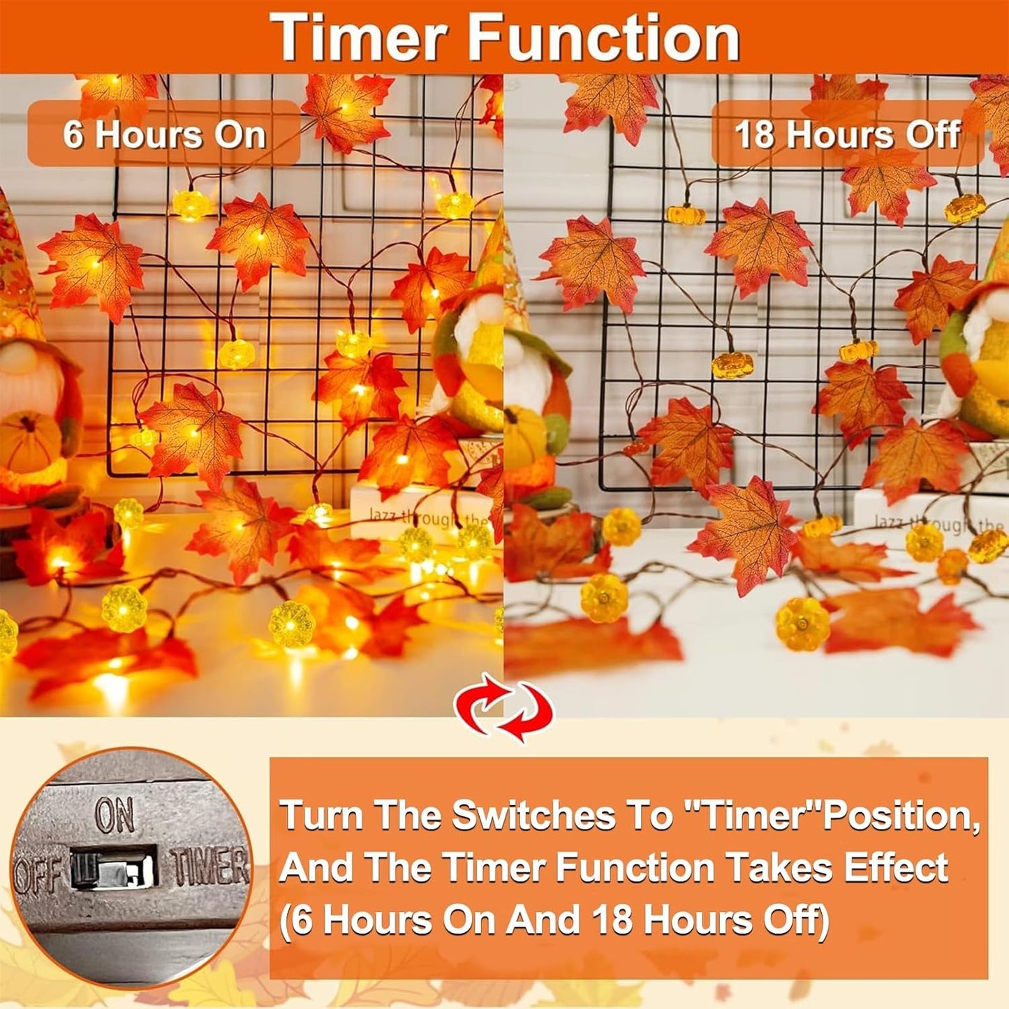 3 Pack&Timer-Fall Garland with Pumpkin Lights Halloween Fall Decorations for Home,30Ft 60LED Halloween Lights Patented Enlarged Maples Leaf Battery Operated Thanksgiving Decor Indoor Outdoor Christmas