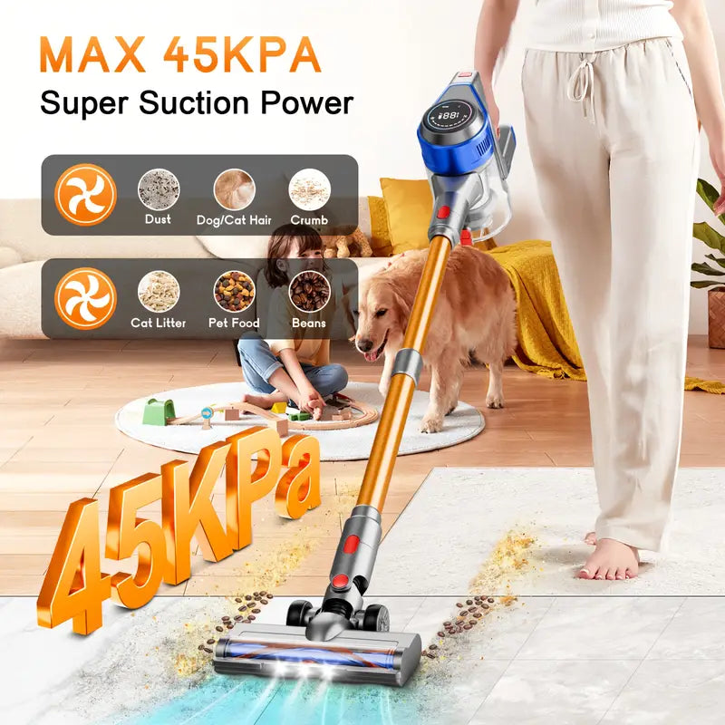 Cordless Stick Vacuum Cleaner - Rechargeable, 35Kpa/45Kpa Powerful Vacuums with Removable Battery Display, Max 45Mins Runtime, 8in 1 Handheld Vacuum for Hardfloor & Carpets Pet Hair