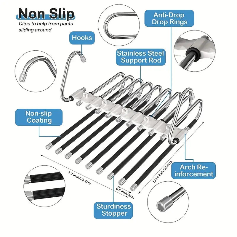 Collapsible 9-Layer Pants Hanger – Space-Saving Stainless Steel Multifunctional Closet Organizer, Non-Slip Metal Hangers for Pants, Jeans, Skirts & Trousers