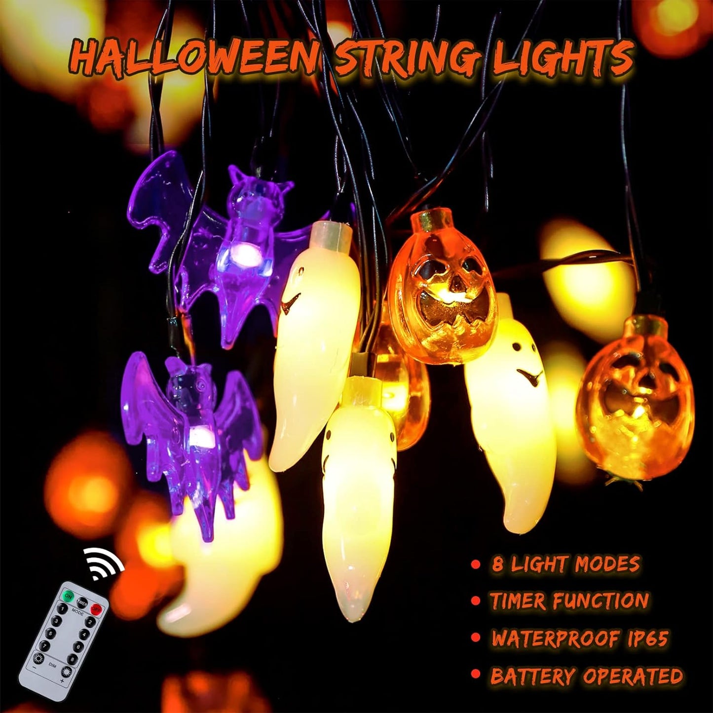 Halloween Lights, 20Ft 30 LED Pumpkin Ghost Bat String Lights Battery Operated with Timer, 8 Light Modes Halloween Fairy Lights for Indoor Outdoor Party Home Yard Window Decor
