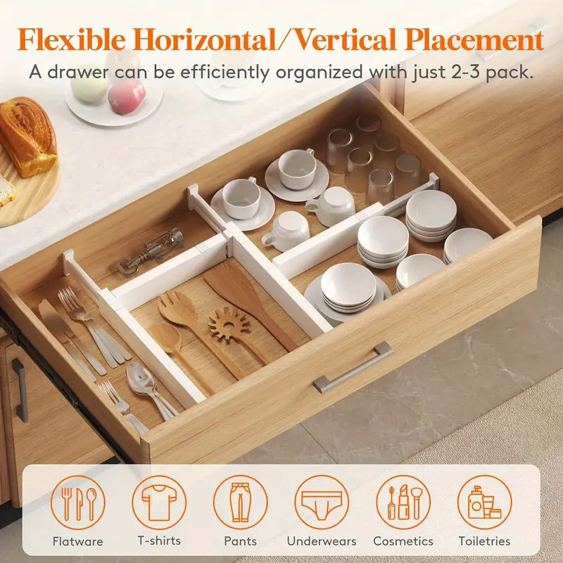 Adjustable Wooden Drawer Organizer Tray – 4 Dividers & 9 Inserts for 17–22" Drawers, Unfinished Finish with Labels – Kitchen, Office & Closet Organization