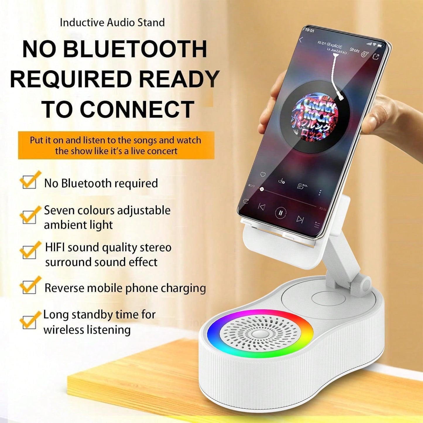 Wireless Induction Bluetooth Speaker 5-in-1 Phone Holder – 2025 Rechargeable Foldable Speaker with Ambient Light