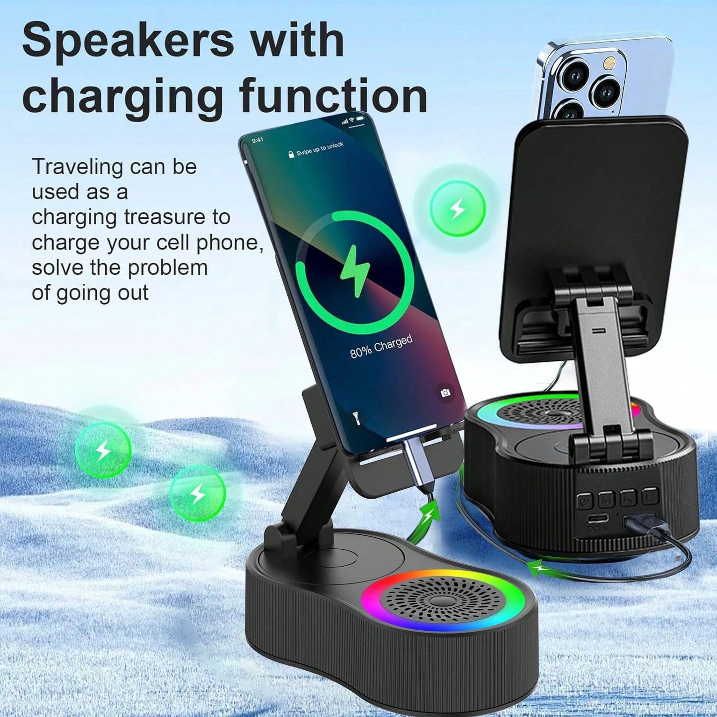 Wireless Induction Bluetooth Speaker 5-in-1 Phone Holder – 2025 Rechargeable Foldable Speaker with Ambient Light
