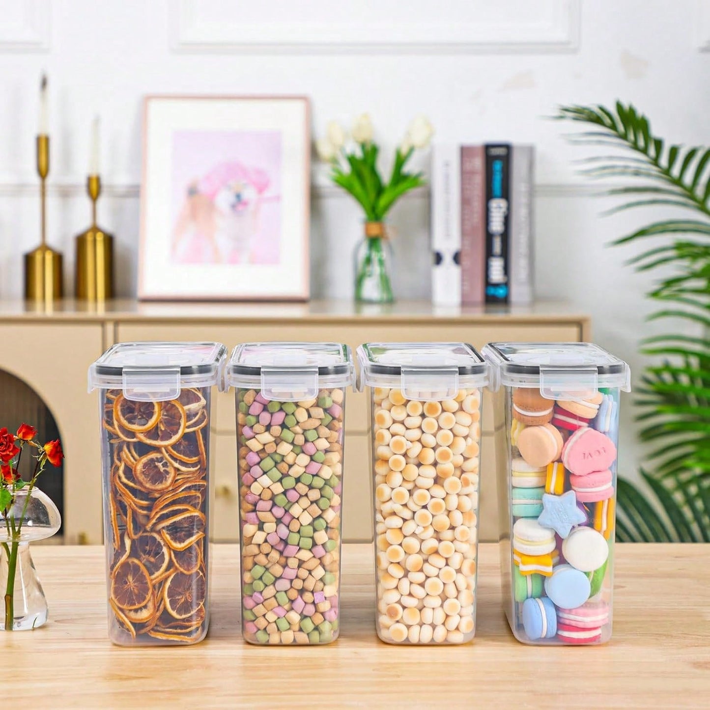 THELIFE 4pcs Cereal Storage Container Set – 84.5 fl.oz Plastic Airtight Food Containers with Labels