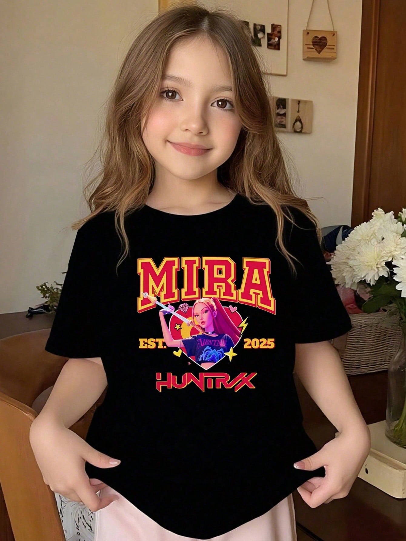 Girls’ K-pop Theme Mira T-Shirt – Summer Graphic Tee with Bold Text & Character Print