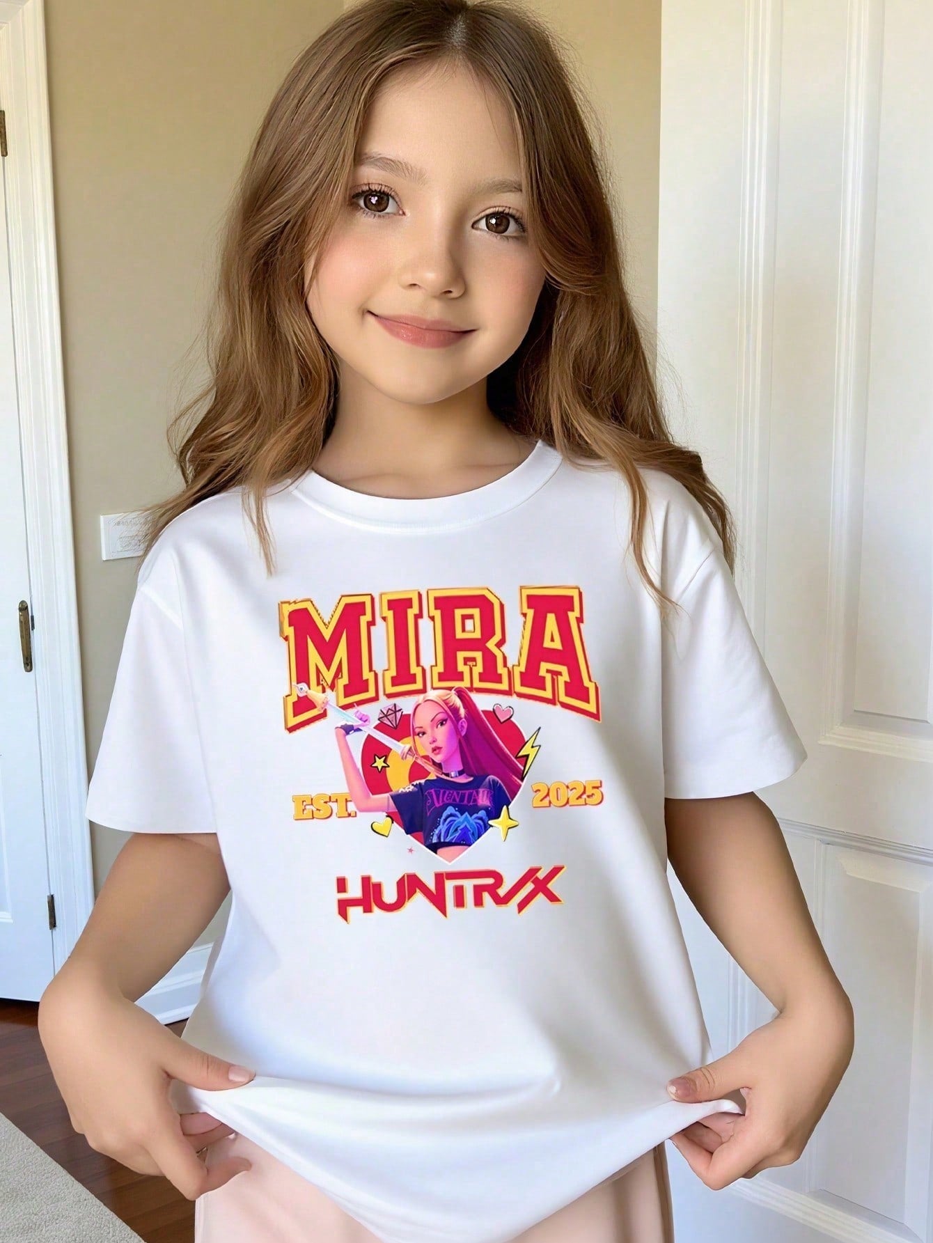 Girls’ K-pop Theme Mira T-Shirt – Summer Graphic Tee with Bold Text & Character Print