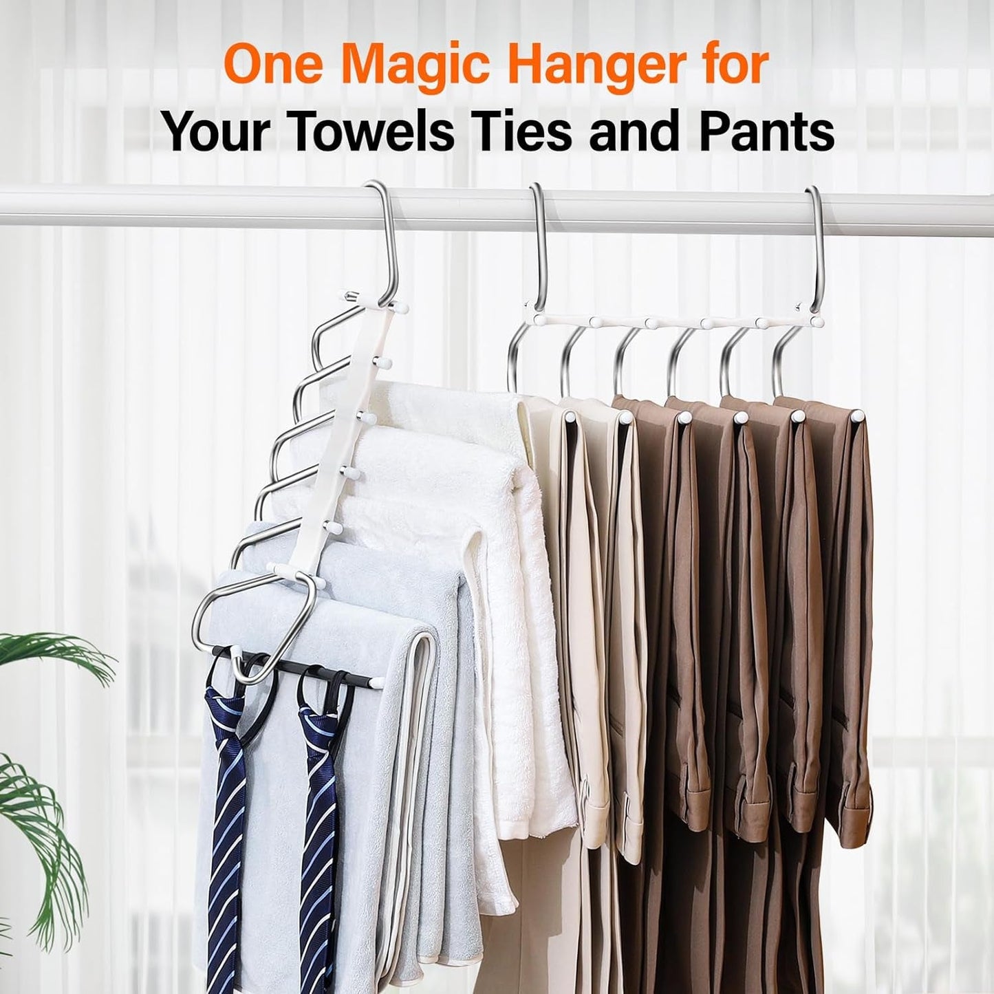 Upgraded Collapsible Pants Hangers Space Saving, 6 Layers Clothes Rack, Stainless Steel Multifunctional Closet Organizer, Non Slip Metal Hangers for Pants Jeans Skirts Trousers (2 Pack)