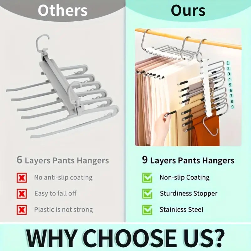Collapsible 9-Layer Pants Hanger – Space-Saving Stainless Steel Multifunctional Closet Organizer, Non-Slip Metal Hangers for Pants, Jeans, Skirts & Trousers