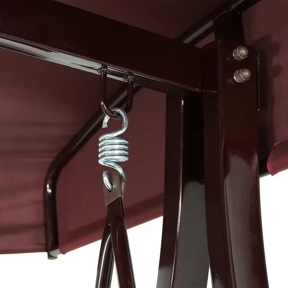 Deluxe Steel Frame Porch Swing with Maroon Cushion, Canopy and Side Tables