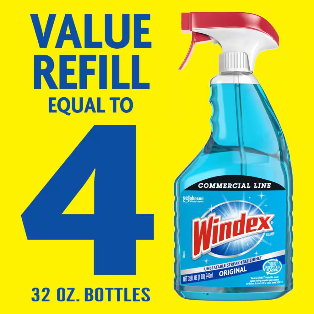32 Oz. Commercial Line Trigger Bottle Original Glass Cleaner and 128 Oz. Commercial Original Glass Cleaner Refill.