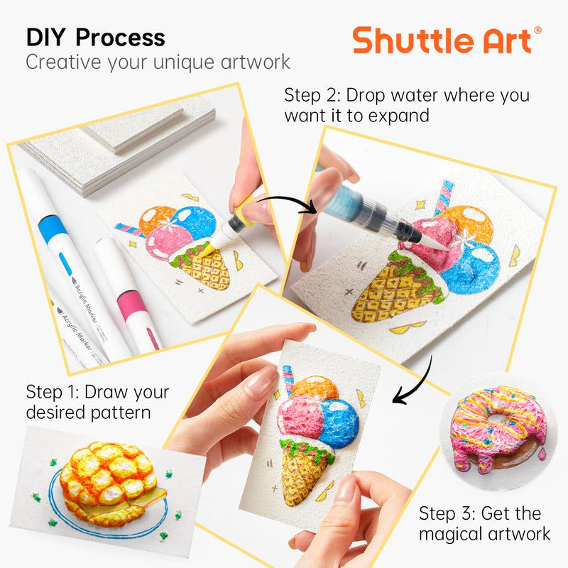44 Pcs Magic Foam Texture Painting Kit, Including 28 Pcs Foam Texture Paper, 12 Colors Brush Tip Automatic Ink Control Acrylic Paint Markers, Magical 3D Effect Painting Kit for DIY Arts,Toys, Toy Crafts Gift