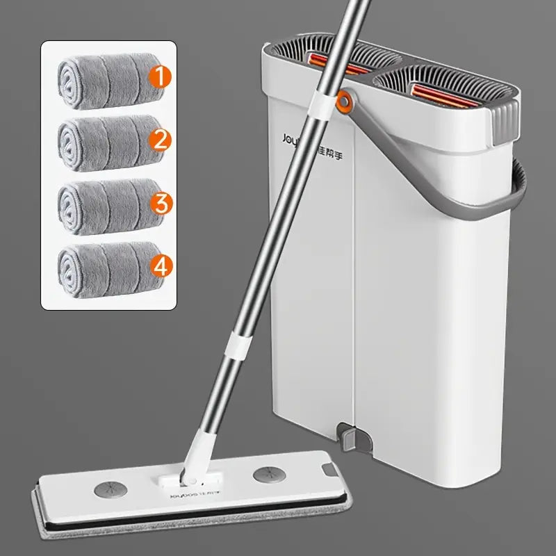 12.99″ Microfiber Flat Mop & Bucket Set — Wet/Dry Floor Cleaning System with Long Handle, Wringer Bucket & Reusable Microfiber Cloths (Hardwood, Tile, Bathroom, Bedroom, Living Room)